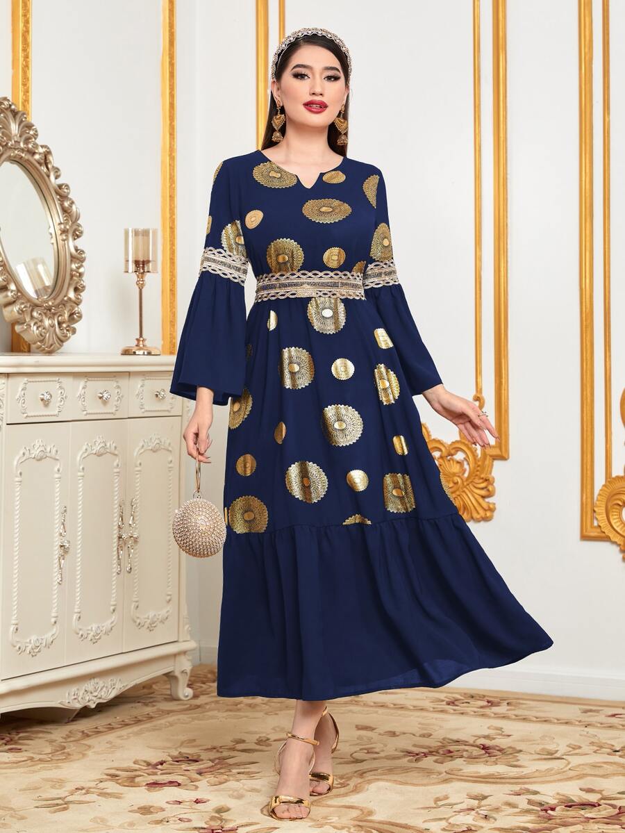 Al Najma 燙金花朵印花缺口領荷葉袖荷葉邊連衣裙 - 藏蓝色 - 查看 1