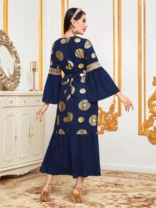 Al Najma 燙金花朵印花缺口領荷葉袖荷葉邊連衣裙 - 藏蓝色 - 查看 2