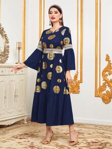 Al Najma 燙金花朵印花缺口領荷葉袖荷葉邊連衣裙 - 藏蓝色 - 查看 3
