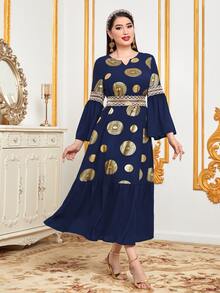 Al Najma 燙金花朵印花缺口領荷葉袖荷葉邊連衣裙 - 藏蓝色 - 查看 4