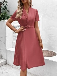 SHEIN VCAY 素色百褶細節繫腰帶洋裝 - 粉色 - 查看 5