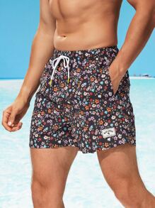 Manfinity Swimmode Men Ditsy Floral Drawstring Waist Swim Trunks,Hawaiian - Multicolor - View 1