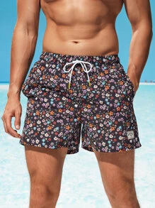 Manfinity Swimmode Men Ditsy Floral Drawstring Waist Swim Trunks,Hawaiian - Multicolor - View 7