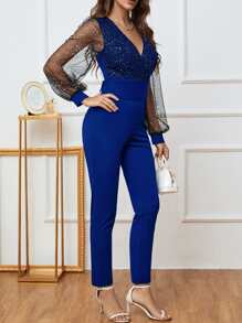 SHEIN Privé Mono de malla en contraste de manga farol - azul real - Ver 3