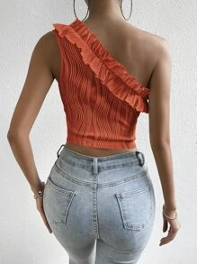 SHEIN Privé Áo nữ viền lá sen màu trơn Giải trí - trái cam - Xem 2