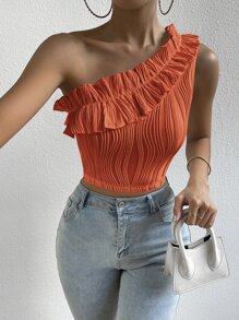 SHEIN Privé Áo nữ viền lá sen màu trơn Giải trí - trái cam - Xem 4