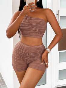 Zolique Ruched One Shoulder Crop Top & Cycling Shorts - Mocha Brown - View 1