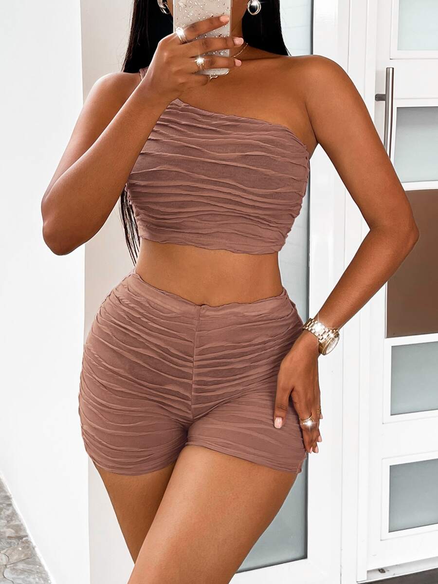 Zolique Ruched One Shoulder Crop Top & Cycling Shorts - Mocha Brown - View 1