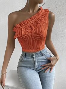 SHEIN Privé Áo nữ viền lá sen màu trơn Giải trí - trái cam - Xem 6