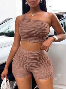 Zolique Ruched One Shoulder Crop Top & Cycling Shorts - Mocha Brown - View 3