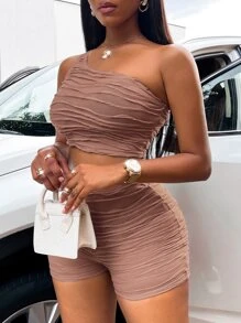 Zolique Ruched One Shoulder Crop Top & Cycling Shorts - Mocha Brown - View 5