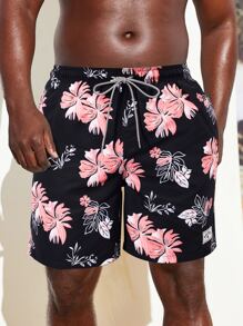 Manfinity Men Floral Print Drawstring Waist Swim Trunks - Black - View 1