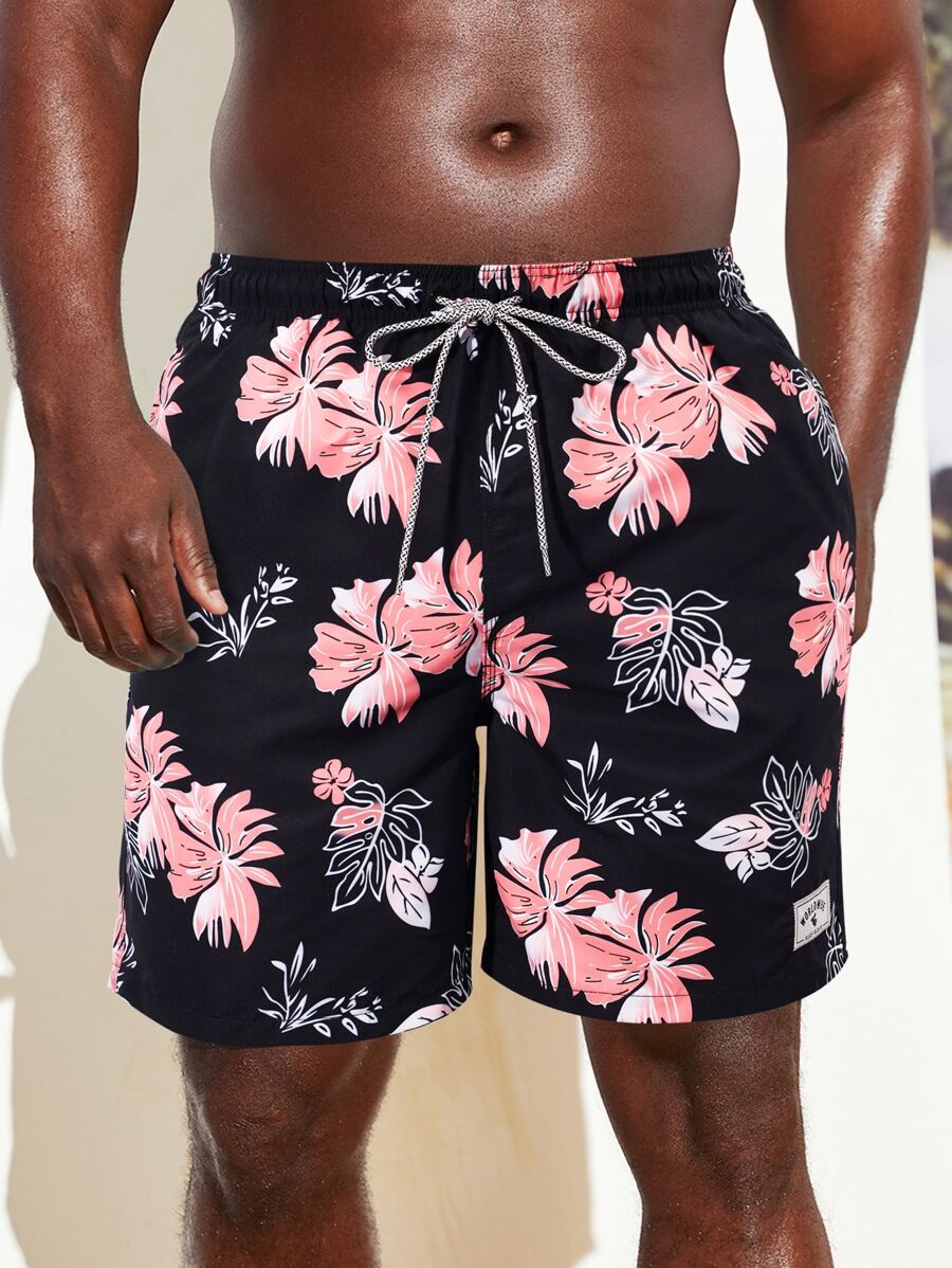 Manfinity Men Floral Print Drawstring Waist Swim Trunks - Black - View 1