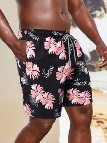 Manfinity Men Floral Print Drawstring Waist Swim Trunks - Black - View 4