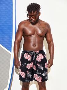 Manfinity Men Floral Print Drawstring Waist Swim Trunks - Black - View 5