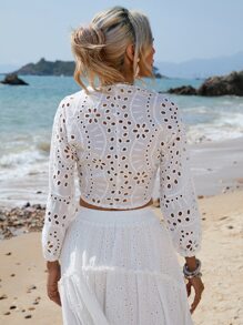 SHEIN VCAY Eyelet Embroidery Knot Front Crop Blouse - White - View 2
