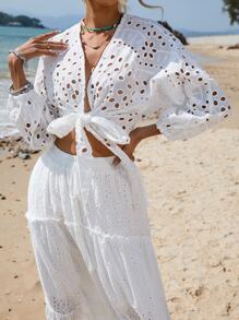 SHEIN VCAY Eyelet Embroidery Knot Front Crop Blouse - White - View 3