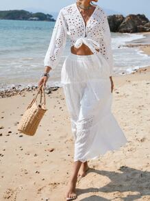 SHEIN VCAY Eyelet Embroidery Knot Front Crop Blouse - White - View 5