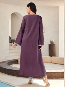 Al Najma Contrast Tape Trumpet Sleeve Tunic Dress - Purple - View 2