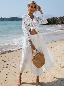 SHEIN VCAY Eyelet Embroidery Knot Front Crop Blouse - White - View 7