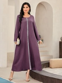Al Najma Contrast Tape Trumpet Sleeve Tunic Dress - Purple - View 6