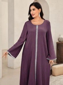 Al Najma Contrast Tape Trumpet Sleeve Tunic Dress - Purple - View 7