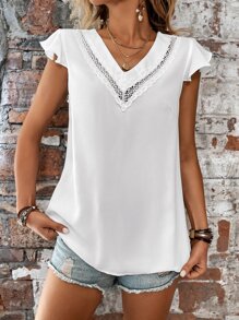 SHEIN LUNE Guipure Lace Panel Butterfly Sleeve Blouse - White - View 3