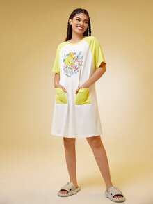 Warner Bros 100 Years X SHEIN Váy ngủ & áo ngủ Nữ Túi Hoạt hình Khối Màu - Nhiều màu - Xem 3