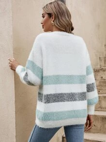 SHEIN Frenchy Striped Pattern Drop Shoulder Fuzzy Cardigan,Earthy Clothes,Airport Outfit - White - View 2
