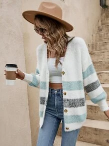 SHEIN Frenchy Striped Pattern Drop Shoulder Fuzzy Cardigan,Earthy Clothes,Airport Outfit - White - View 5
