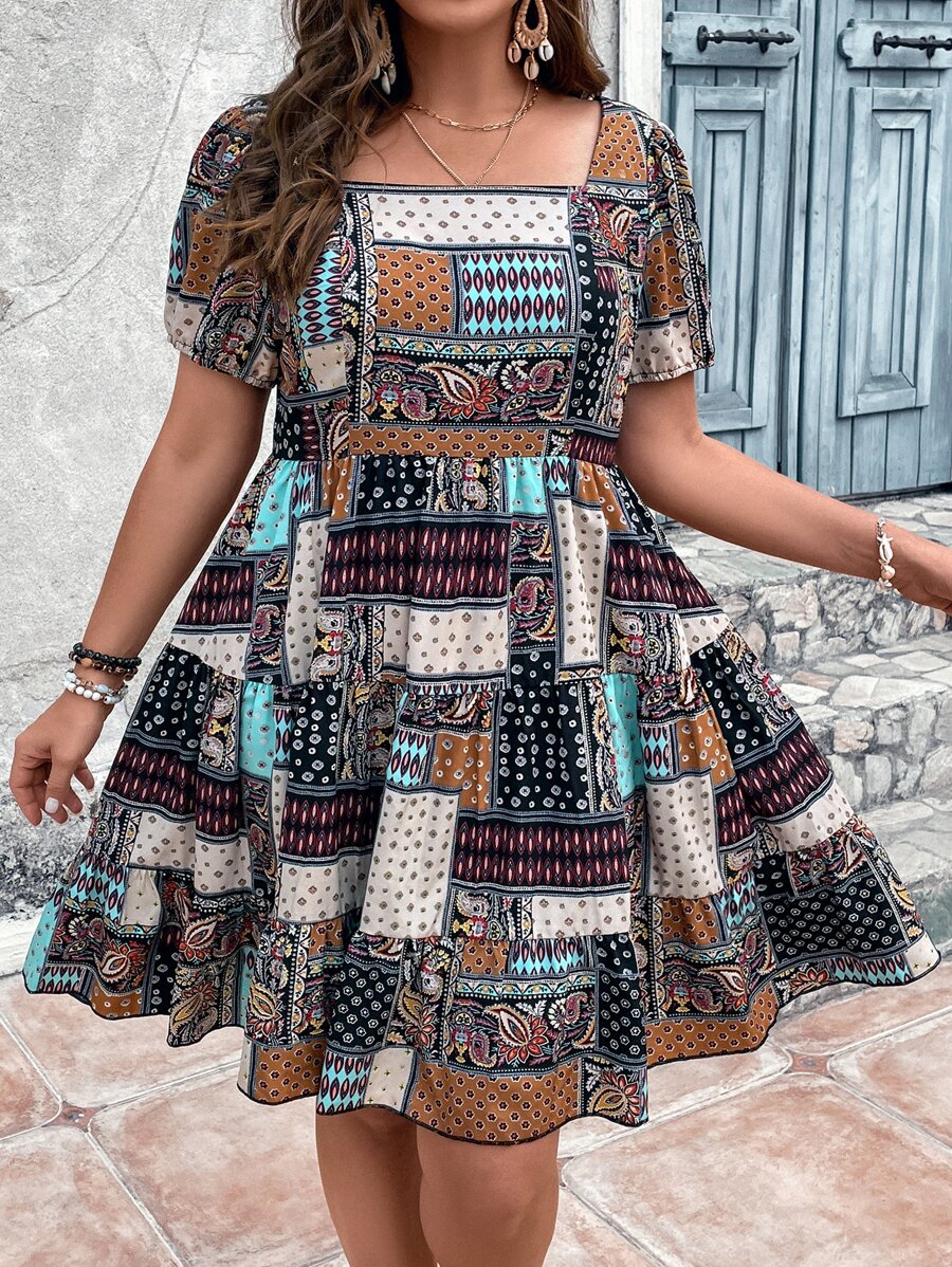 SHEIN Clasi Plus Patchwork Print Square Neck Ruffle Hem Summer Boho Dress