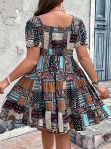 SHEIN Clasi Plus Patchwork Print Square Neck Ruffle Hem Summer Boho Dress
