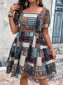 SHEIN Clasi Plus Patchwork Print Square Neck Ruffle Hem Summer Boho Dress