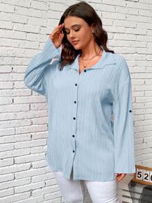 SHEIN LUNE Áo sơ mi Plus Size Nút phía trước màu trơn Giải trí - Màu xanh nhạt - Xem 5