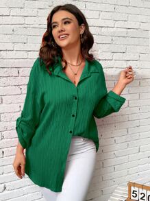 SHEIN LUNE Camisa de manga enrollada con botón con botón delantero - Verde - Ver 1