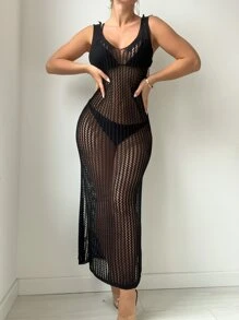 SHEIN Swim 鏤空高衩罩衫連衣裙不附帶比基尼套裝 - 黑色 - 查看 3