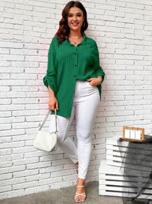 SHEIN LUNE Camisa de manga enrollada con botón con botón delantero - Verde - Ver 4