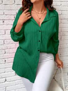 SHEIN LUNE Camisa de manga enrollada con botón con botón delantero - Verde - Ver 5