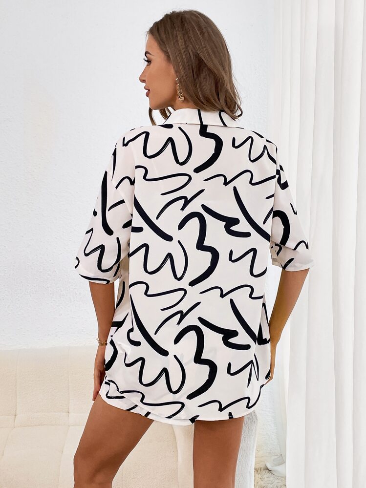 SHEIN Essnce Bộ áo sơ mi ngắn tay và quần short dệt nút in đầy đủ cho kỳ nghỉ hè và trang phục thường ngày - Đen và trắng - Xem 2