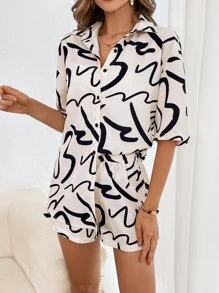 SHEIN Essnce 女士針織全印花短袖襯衫和短褲套裝，適用於夏季度假和休閒穿搭 - 黑與白 - 查看 5