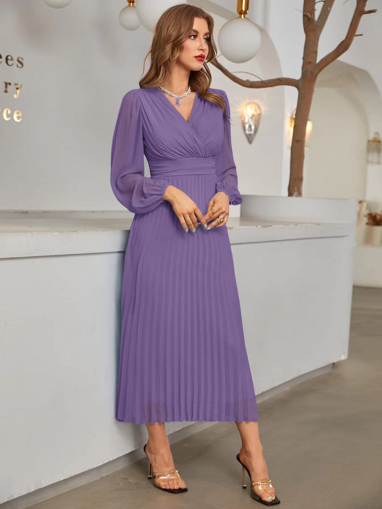 Modelyn Surplice Neck Lantern Sleeve Pleated Hem Dress Maxi Women Outfit Long Evening Dresses Fall Cloth For Women - Purple - View 6