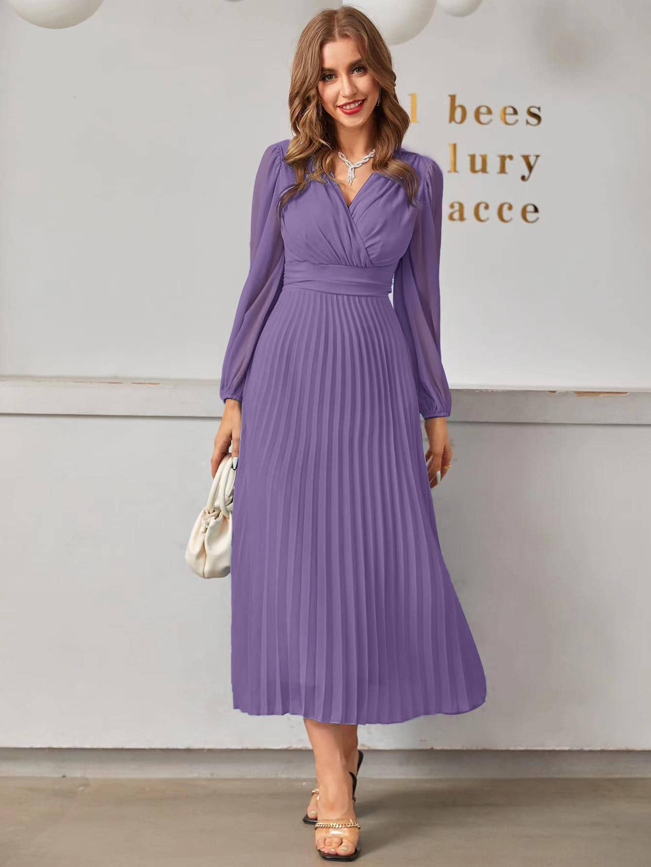 Modelyn Surplice Neck Lantern Sleeve Pleated Hem Dress Maxi Women Outfit Long Evening Dresses Fall Cloth For Women - Purple - View 1