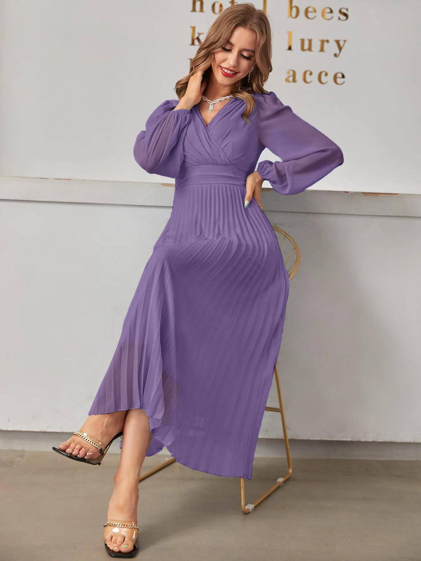 Modelyn Surplice Neck Lantern Sleeve Pleated Hem Dress Maxi Women Outfit Long Evening Dresses Fall Cloth For Women - Purple - View 4