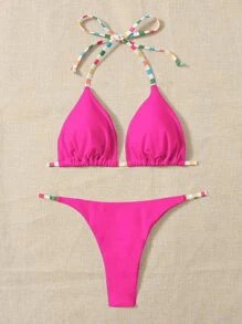 SHEIN Swim Summer Beach Halter Triangle Bikini Set - Hot Pink - View 1