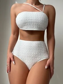 Conjunto de bikini de cintura alta liso para verano y playa - Blanco - Ver 3