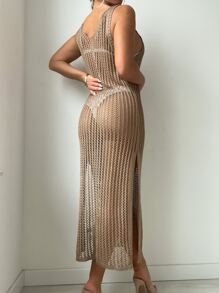 Selianne 鏤空高衩罩衫連衣裙不附帶比基尼套裝 - 摩卡棕 - 查看 2