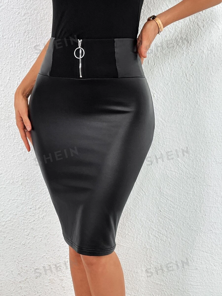 SHEIN Privé Falda de lápiz con aro O con cremallera delantera PU