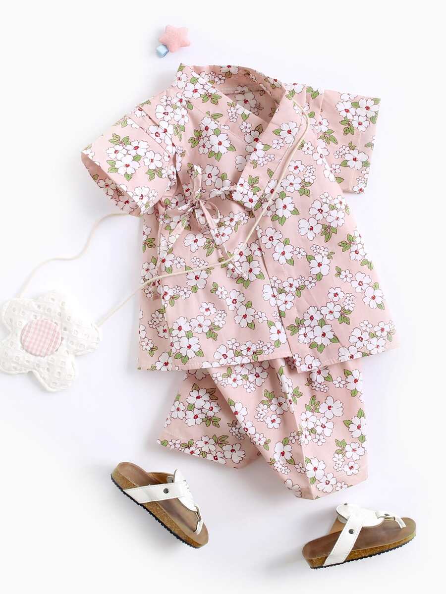 2入組復古花卉圖案圖案短袖襯衫和短褲套裝適用於男嬰和女孩,合適適用於沙灘派對,度假,和夏天 - 藕粉色 - 查看 1
