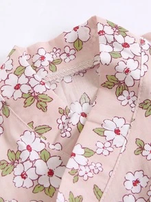 2入組復古花卉圖案圖案短袖襯衫和短褲套裝適用於男嬰和女孩,合適適用於沙灘派對,度假,和夏天 - 藕粉色 - 查看 6