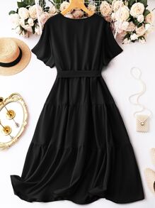 SHEIN LUNE 大碼交疊領荷葉邊繫腰帶連衣裙 - 黑色 - 查看 2